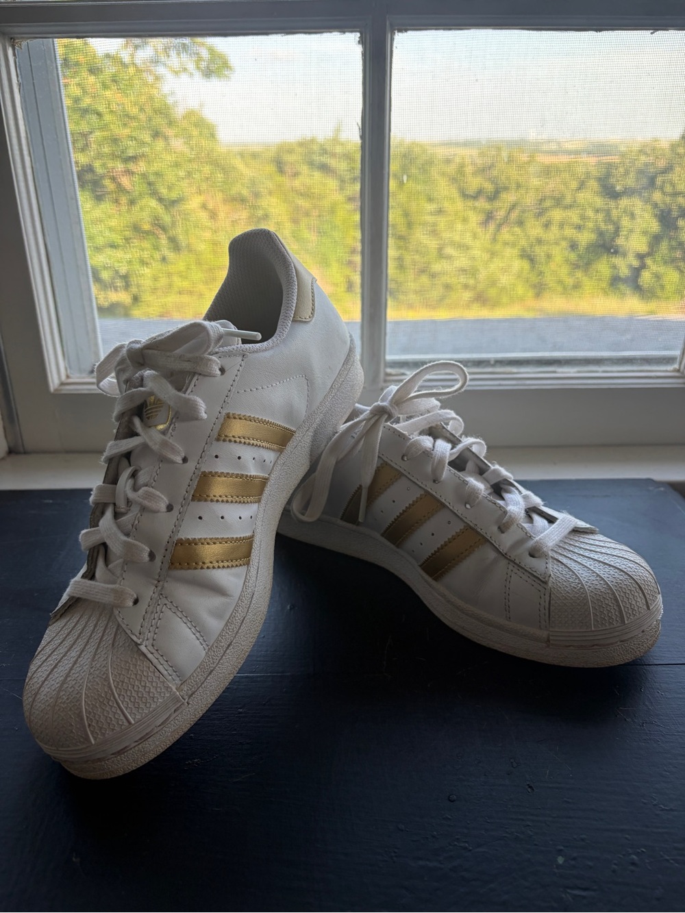 adidas Women’s White Sneakers with Gold Stripes Superstar